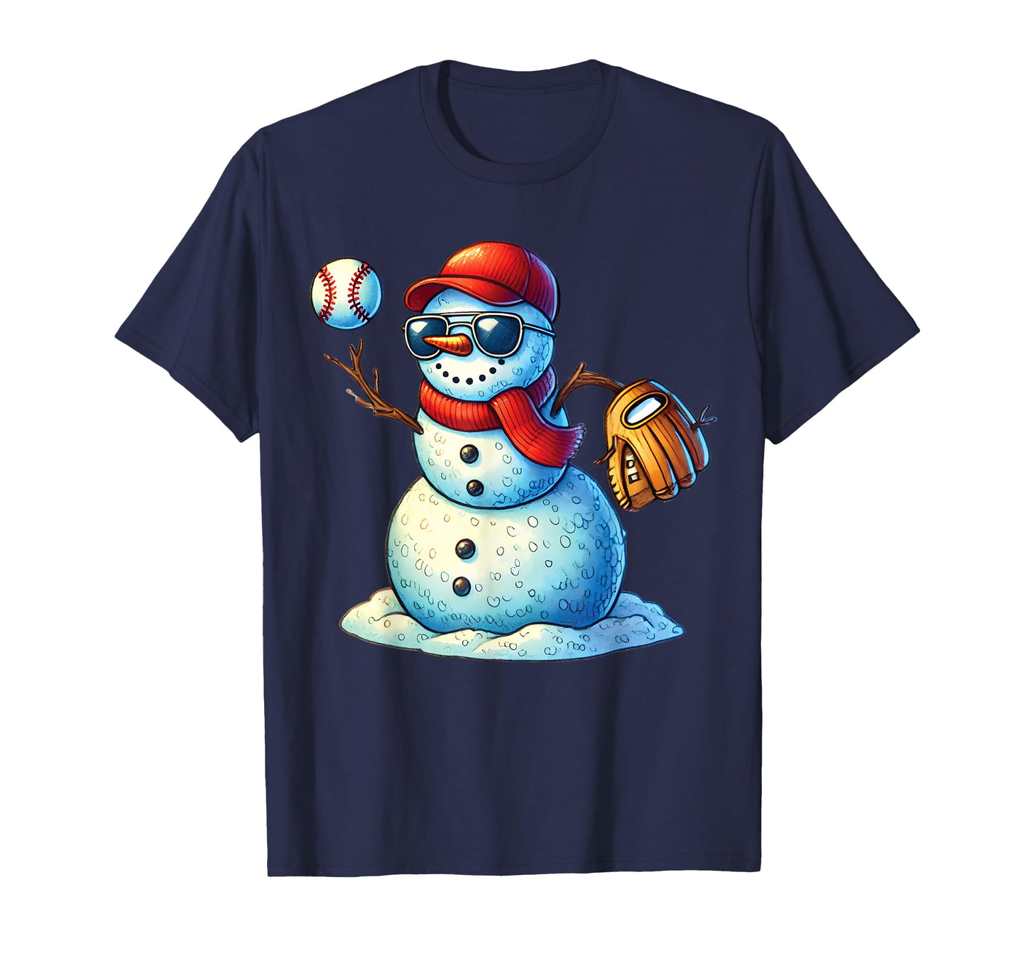Snowman Playing Baseball as Pitcher Boys Teens Christmas T-Shirt