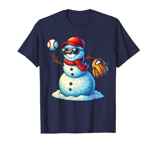 Snowman Playing Baseball as Pitcher Boys Teens Christmas T-Shirt
