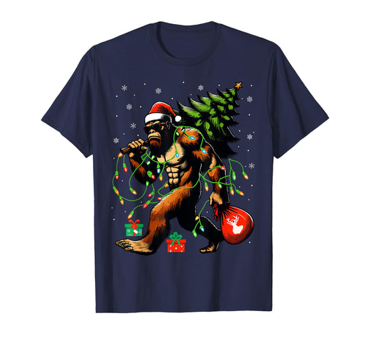 Santa Bigfoot Christmas Tree Xmas Lights Funny Sasquatch T-Shirt