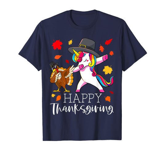 Thanksgiving Unicorn Girls Cute Dabbing Turkey Pilgrim Girl T-Shirt