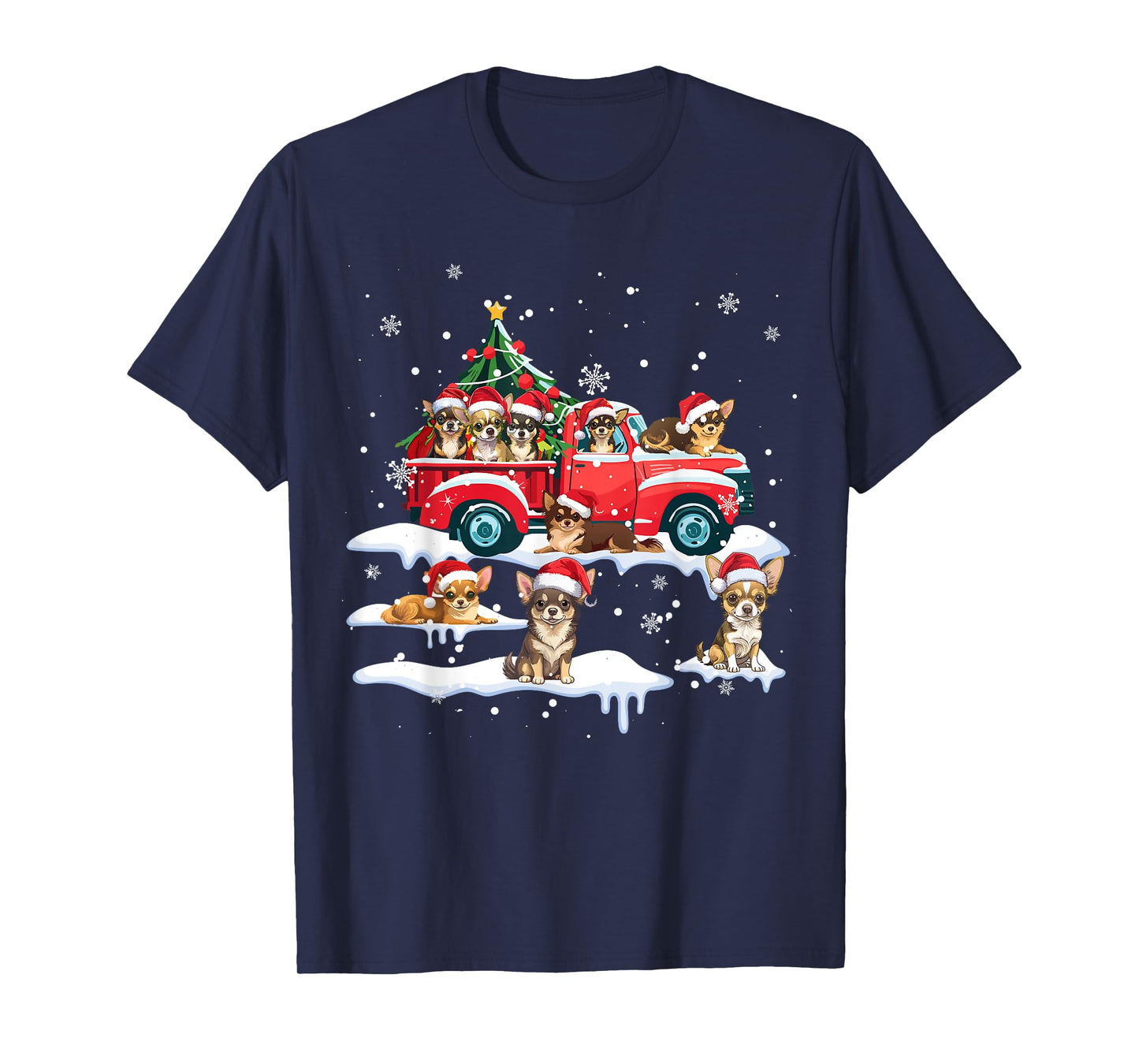 Chihuahua Dog Riding Red Truck Ugly Sweater Merry Christmas T-Shirt