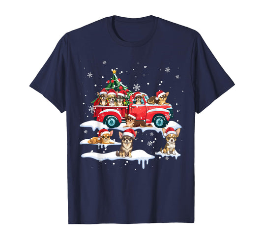 Chihuahua Dog Riding Red Truck Ugly Sweater Merry Christmas T-Shirt