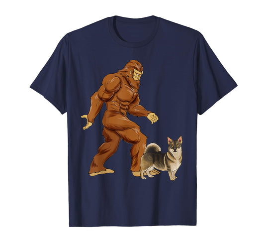 Funny Bigfoot Walking Swedish Vallhund Sasquatch Dog Men Women Kids T-Shirt