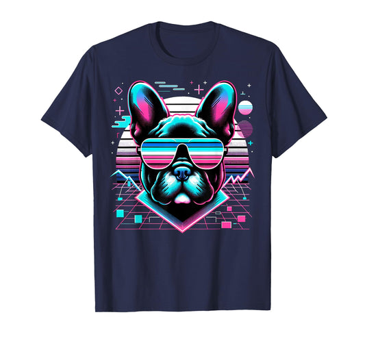 Cool Frenchie 80s Retrowave 90s Vaporwave French Bulldog Men Women Kids T-Shirt