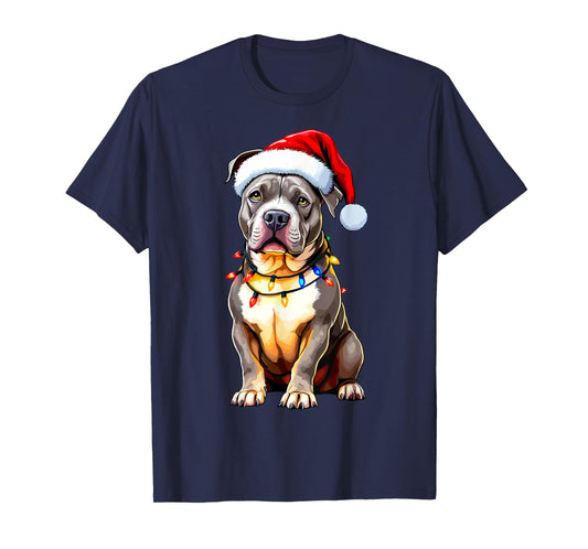 Funny Pitbull Pittie Santa Dog Lover Xmas Christmas Lights T-Shirt for Men Women Kids
