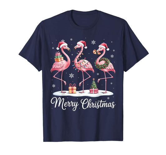 Merry Christmas Cute Flamingo Santa Snow Xmas Lights Pajamas T-Shirt