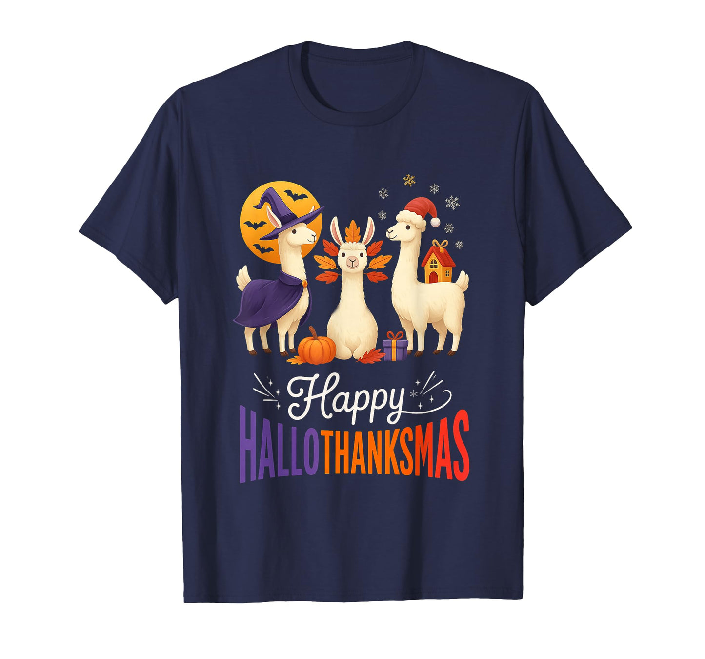 Happy Hallothanksmas Llamas Halloween Thanksgiving Xmas Fun T-Shirt