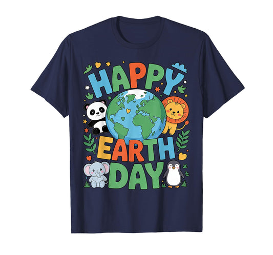 Smiling Earth Surrounded by Baby Animals Happy Earth Day T-Shirt