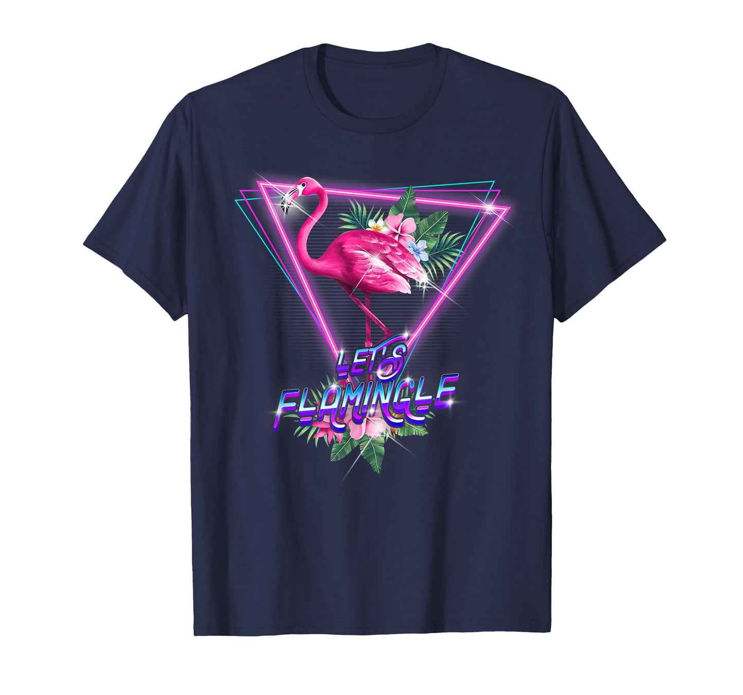 Retro 80s Botanical Tropical Leaf Flowers Let's Flamingle T-Shirt