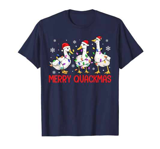 Funny Merry Quackmas Duck Santa Hat Christmas Lights Duck T-Shirt
