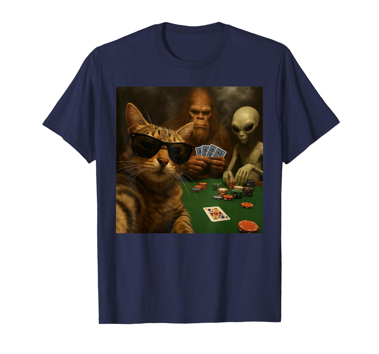 Cat Poker Selfie Bigfoot & Alien Playing Cards Funny T-Shirt