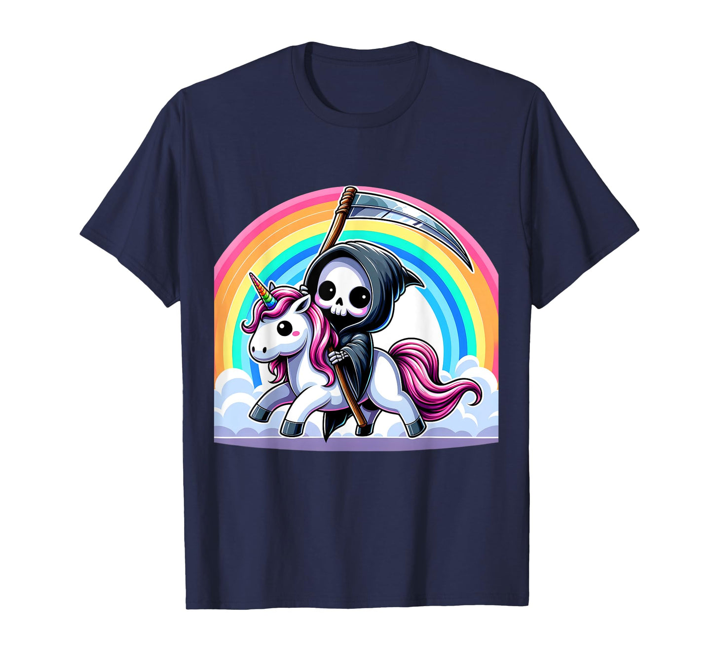 Grim Reaper Riding Unicorn Funny Rainbow Heavy Metal T-Shirt