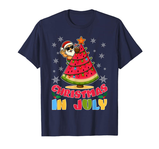 Christmas In July Funny Santa Watermelon Xmas Tree Summer T-Shirt