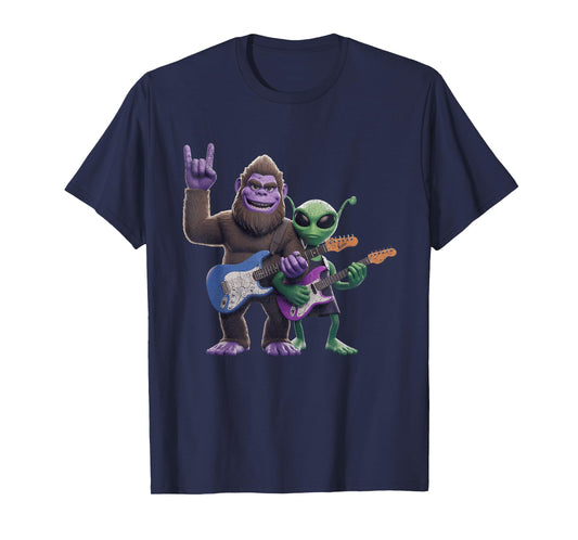 Funny Alien And Bigfoot Sasquatch Guitar Rock On T-Shirt