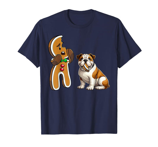Funny English Bulldog Dog Biting Gingerbread Merry Christmas Men Women Kids T-Shirt