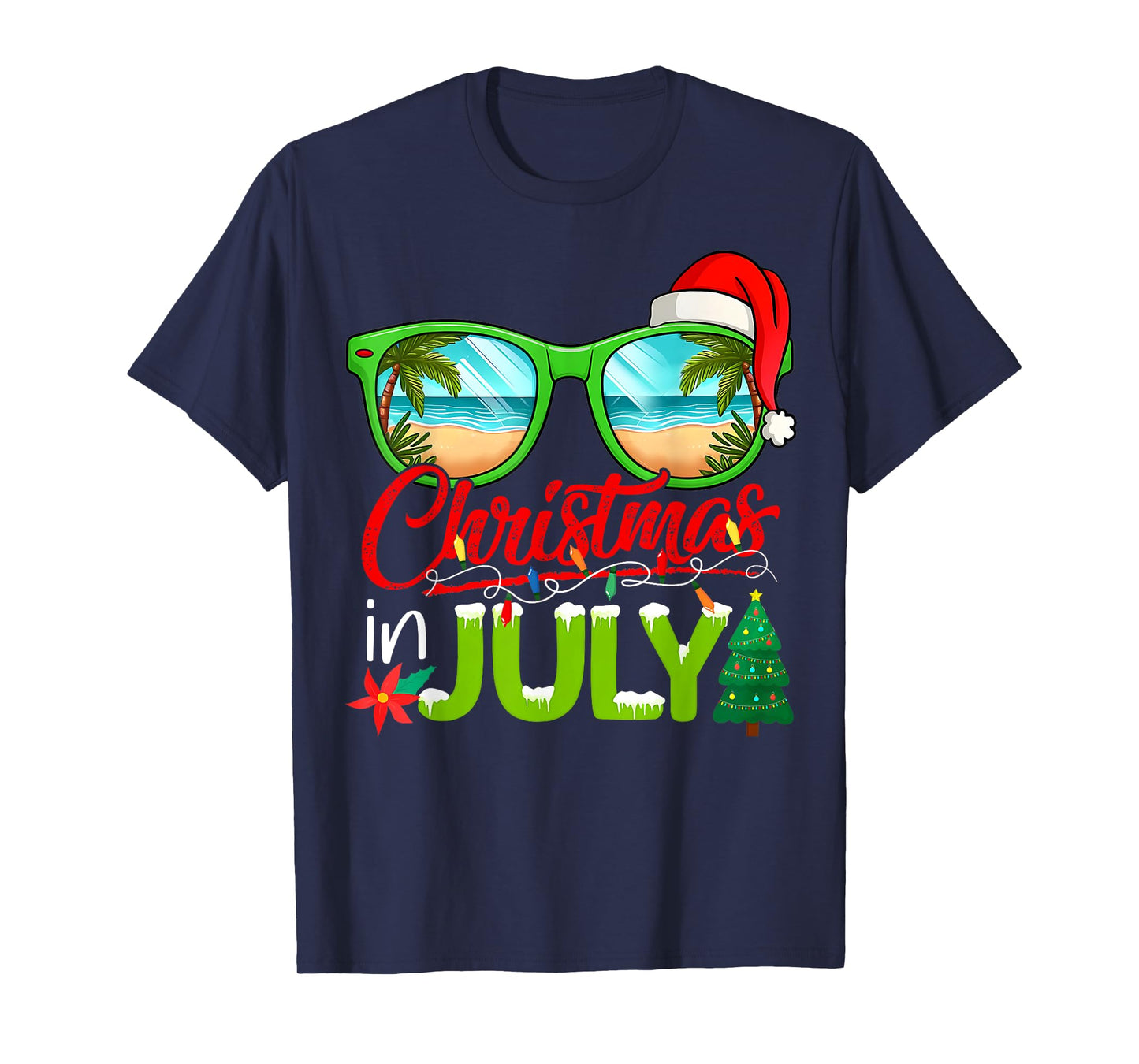 Christmas In July Sunglasses Santa Hat Summer Beach Xmas T-Shirt
