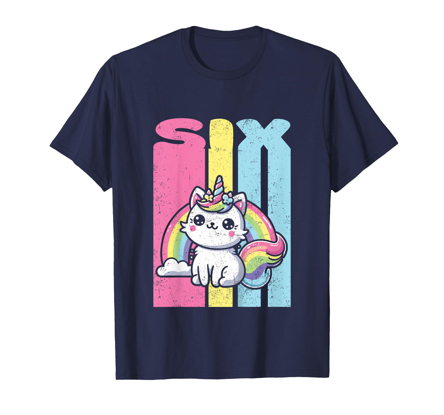 Kids Six 6th Birthday Caticorn Cat Unicorn Rainbow Grunge T-Shirt
