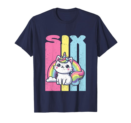 Kids Six 6th Birthday Caticorn Cat Unicorn Rainbow Grunge T-Shirt