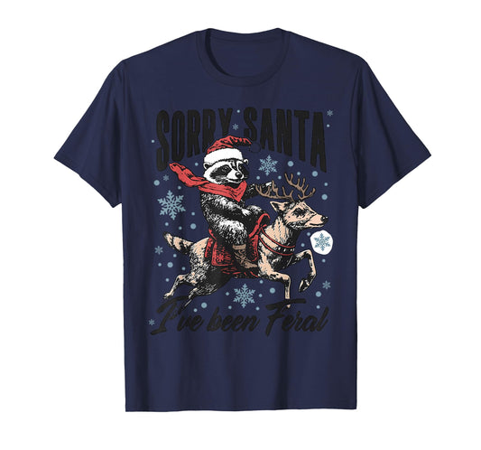 Vintage Sorry Santa I’ve Been Feral Raccoon Ride Horse Xmas T-Shirt