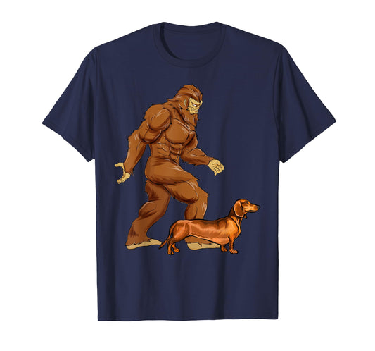 Funny Bigfoot Walking Brown Dachshund Sasquatch Dog Men Women Girls Kids T-Shirt