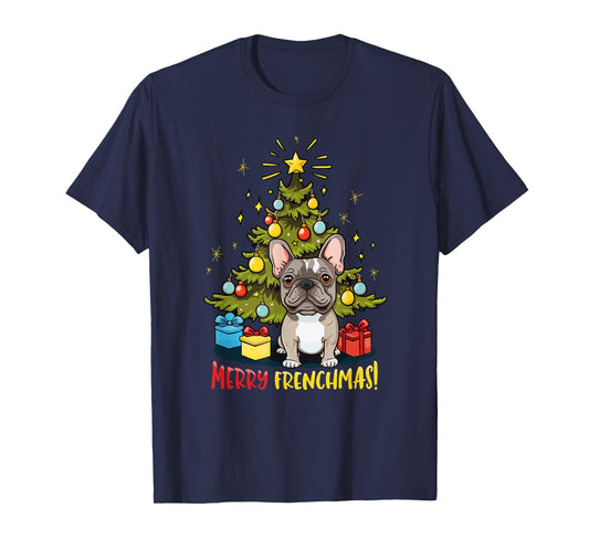 Funny French Bulldog With Christmas Tree T-Shirt for Men Women Kids