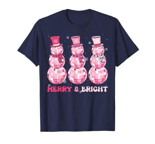 Retro Merry Bright Pink Disco Snowman Christmas Santa Funny T-Shirt