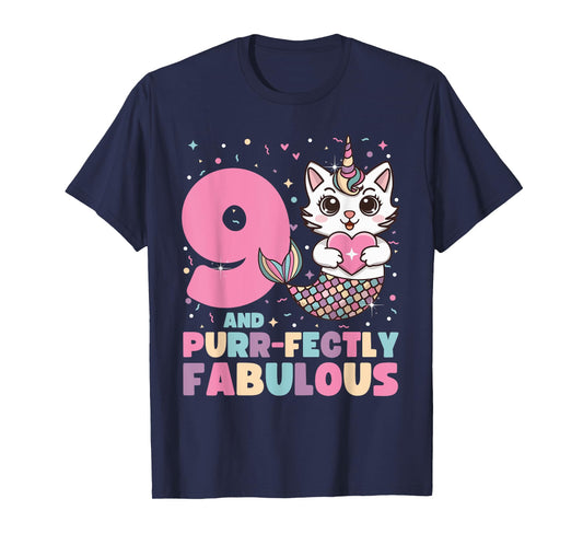 9th Birthday 9 Years Old Mermaid Unicorn Cat Girls Unicorn T-Shirt