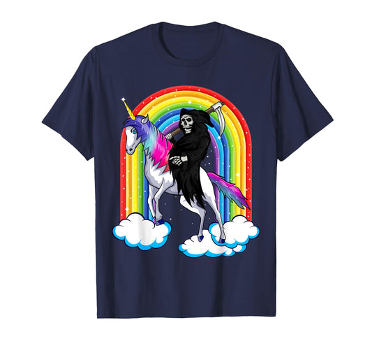 Grim Reaper Skull Riding An Unicorn, Death Unicorn Halloween T-Shirt