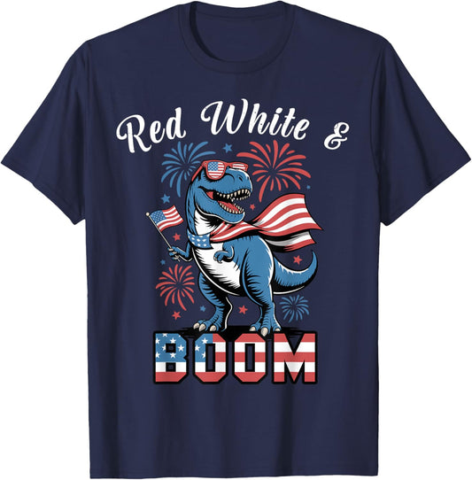 Red White Boom 4th July Dinosaur Funny Boy Toddler Patriotic T-Shirt