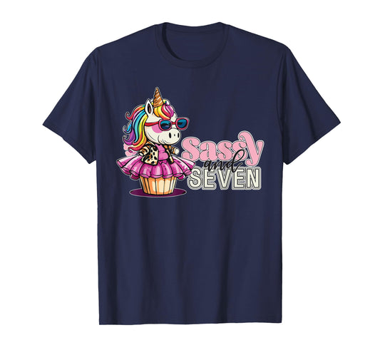 Girls Sassy and Seven 7th Birthday Unicorn Age 7 Cupcake T-Shirt