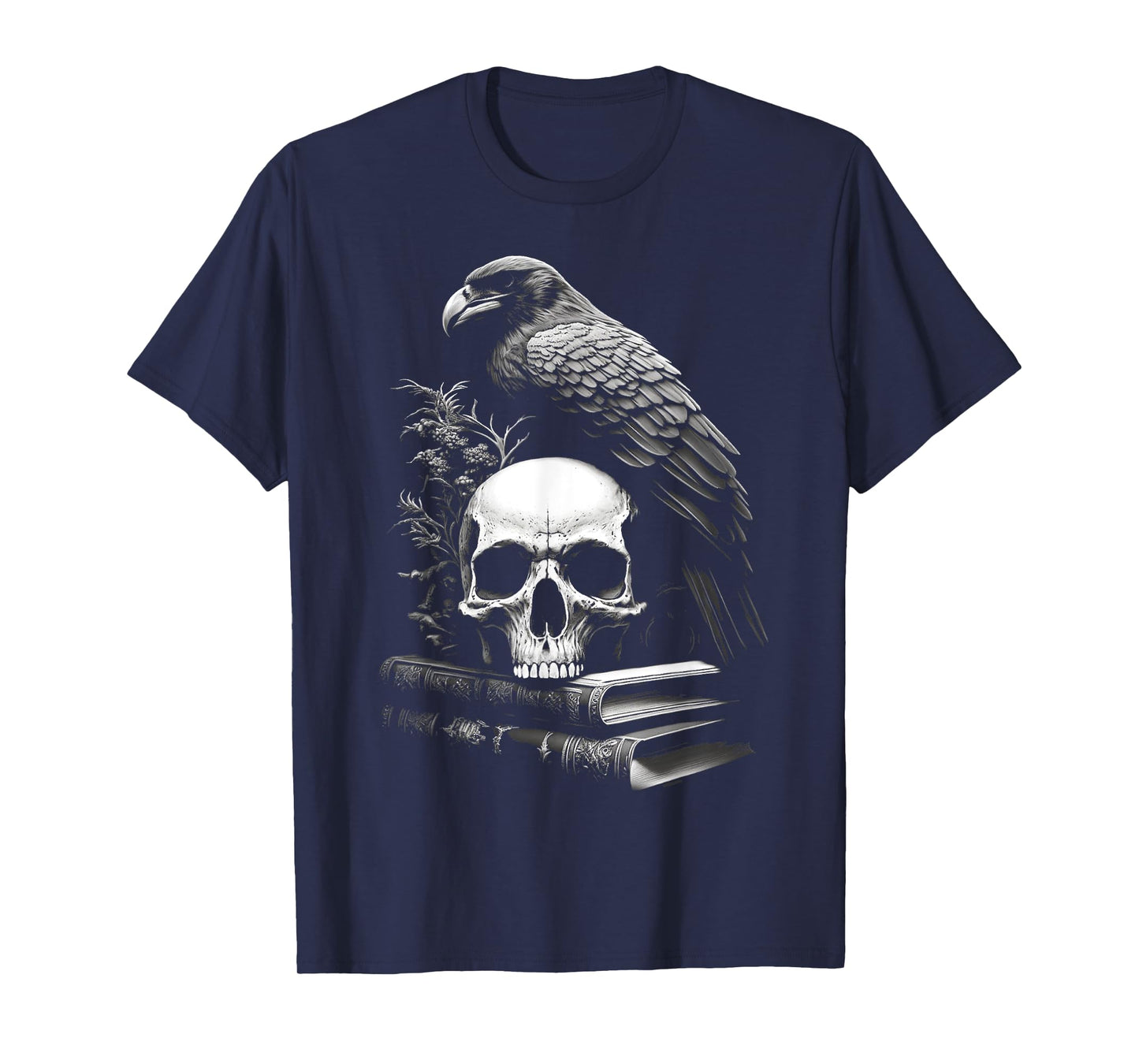 Raven Bird, Skull And Books Witchy Occult Academia Symbolism T-Shirt