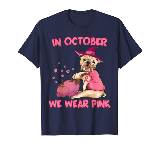 In October We Wear Pink Bulldog Dog Breast Cancer Halloween T-Shirt
