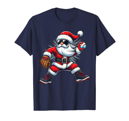 Santa Playing Baseball as Pitcher Boys Kids Teens Christmas T-Shirt