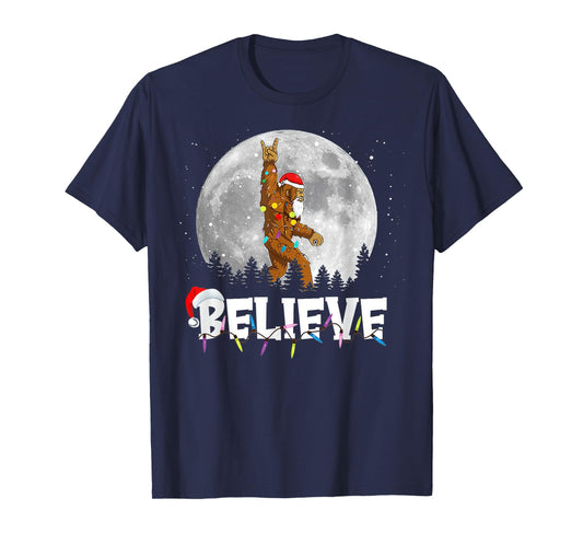 Santa Bigfoot Christmas Light Funny Sasquatch Believe Xmas T-Shirt