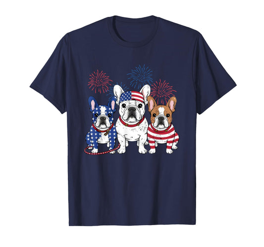 3 US Flag French Bulldogs 4th Of July Patriotic Frenchie Dog T-Shirt