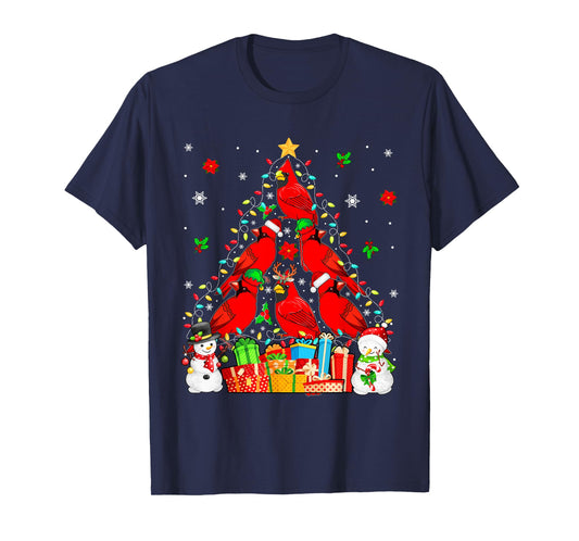 Group Santa Reindeer Elf Cardinal Birds As Xmas Tree Snowmen T-Shirt