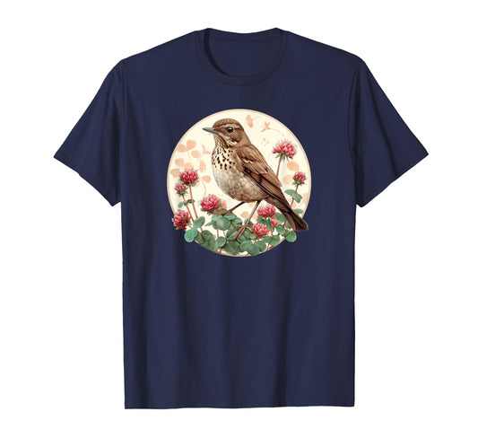 Red Clover Flower - Hermit Thrush Bird T-Shirt