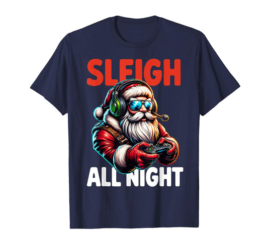 Christmas Gamer Boys Sleigh All Night Video Game Santa Xmas T-Shirt