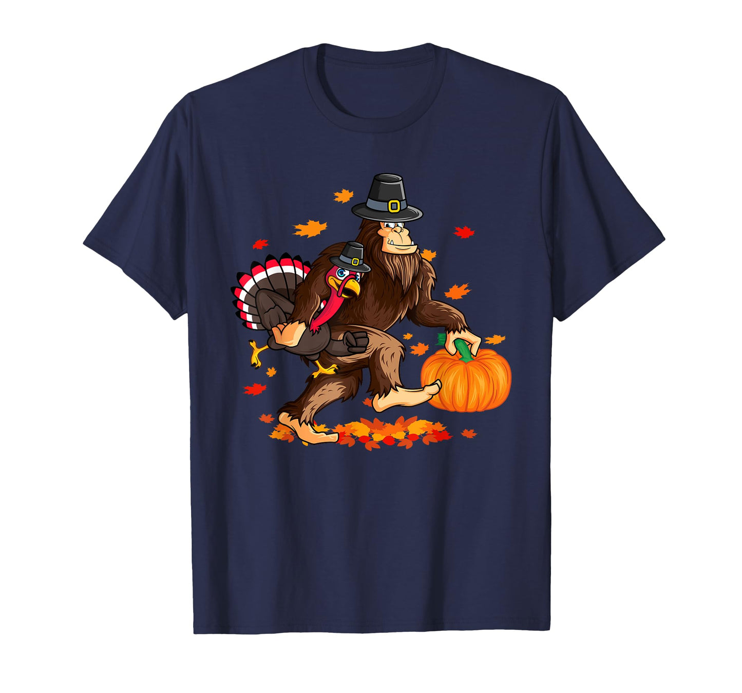Funny Bigfoot Thanksgiving Pilgrim Turkey Pumpkin For Boys T-Shirt