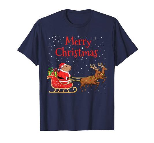 Merry Christmas Capybara Riding Santa Sleigh With Reindeer T-Shirt