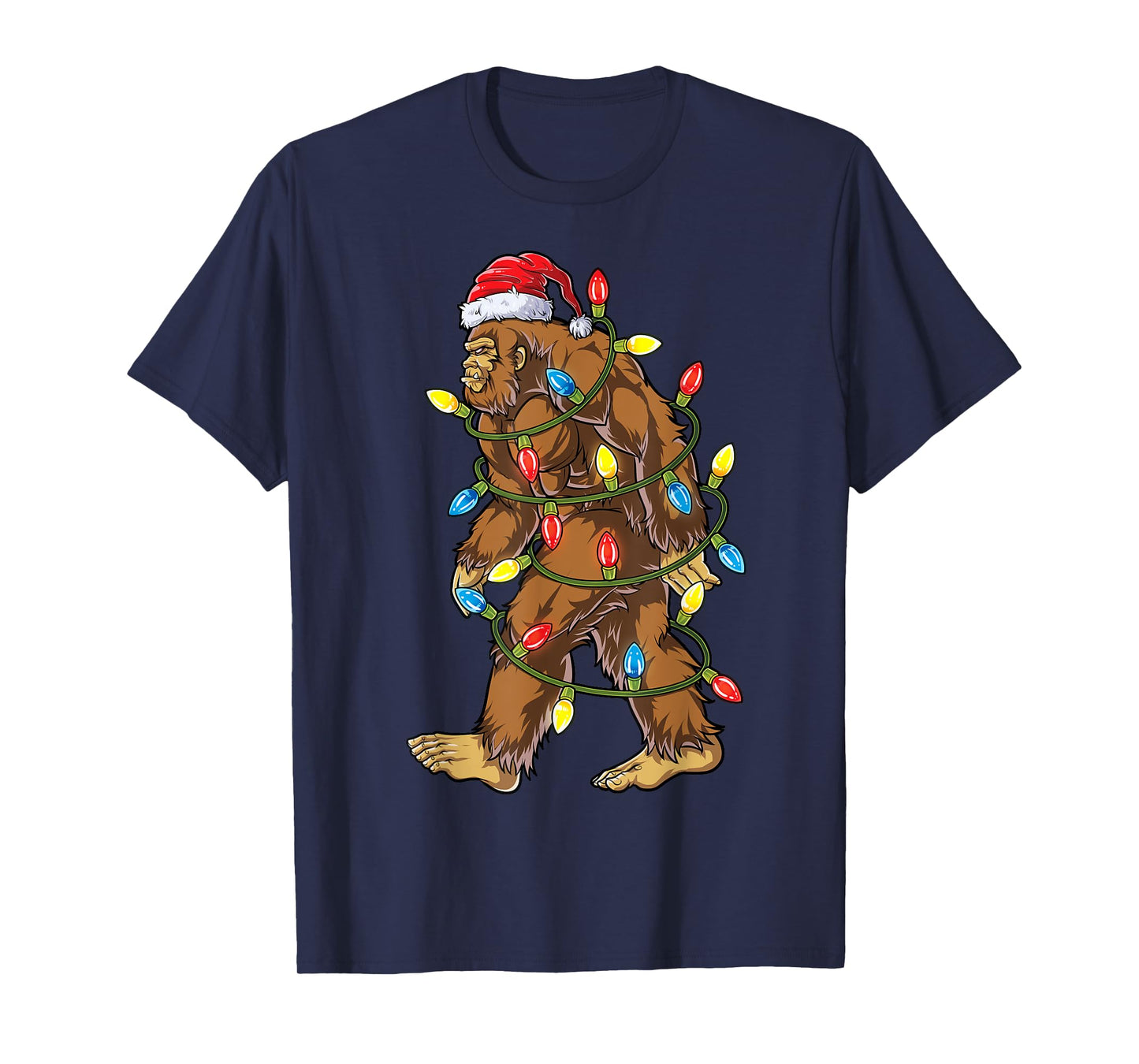 Bigfoot Santa Christmas Tree Lights Xmas Boys Men Sasquatch Short Sleeve T-Shirt
