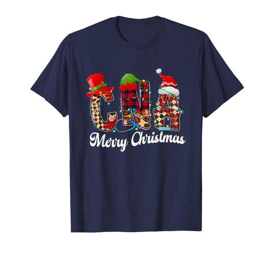 Leopard Red Plaid CNA Nurse Santa Hat Elf Christmas Lights T-Shirt