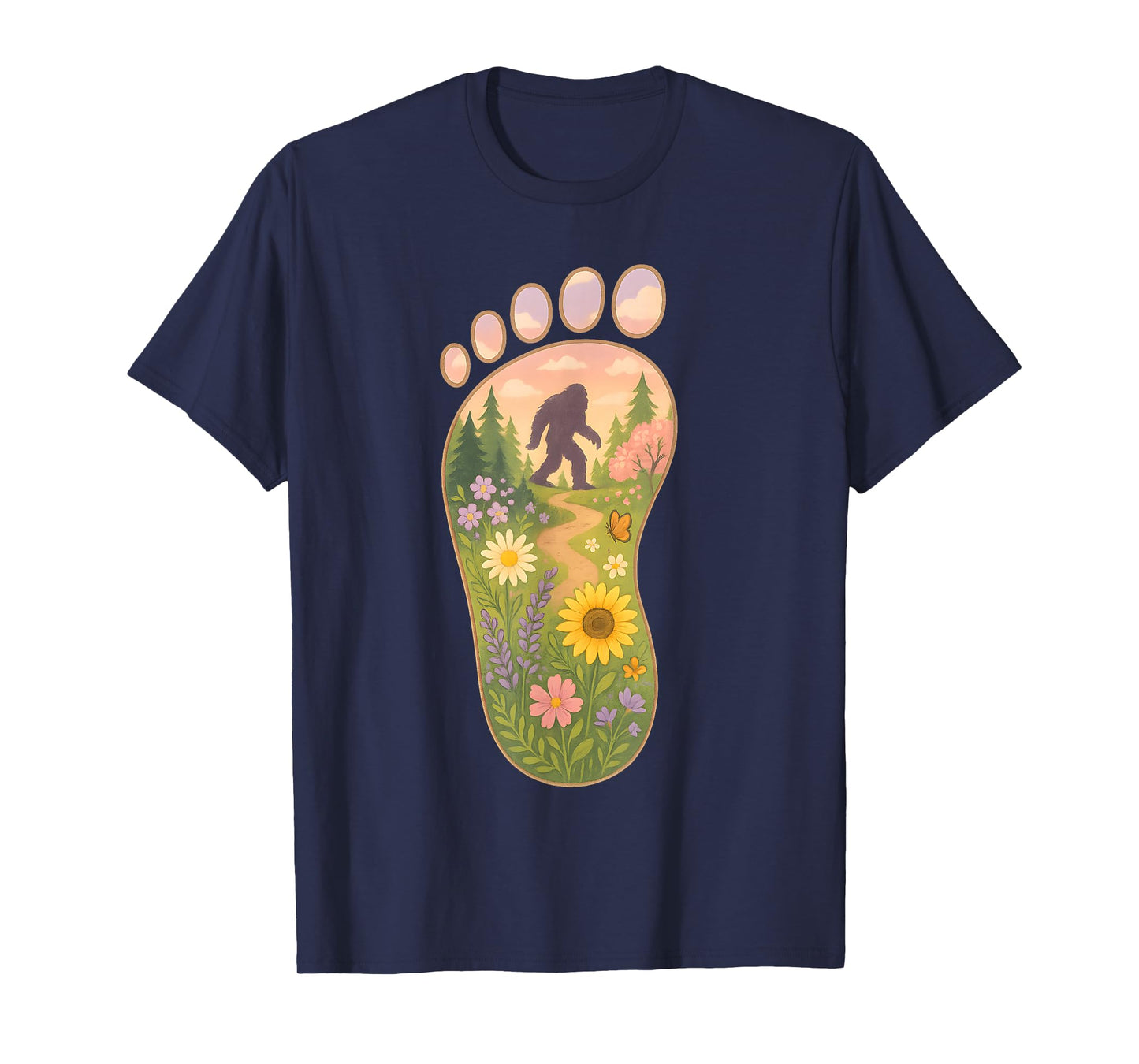 Floral Bigfoot Foot Print Forest Nature Sasquatch Cryptid T-Shirt