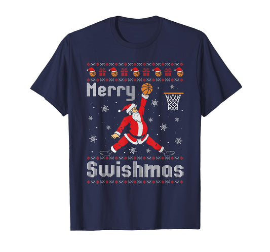 Merry Swishmas Basketball Dunk Rebound Santa Christmas Party T-Shirt