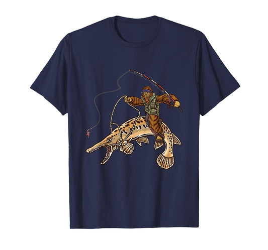 Alligator Gar Fishing Bigfoot Fisherman T-Shirt, Small, Black