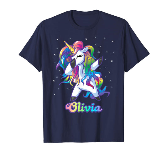 OLIVIA Name Personalized Custom Rainbow Unicorn Dabbing T-Shirt