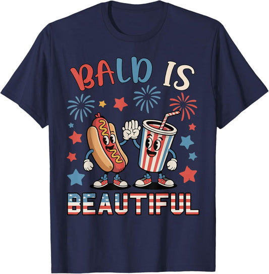 Bald Is Beautiful Hotdog 4th July Boy Toddler Kids Patriotic T-Shirt