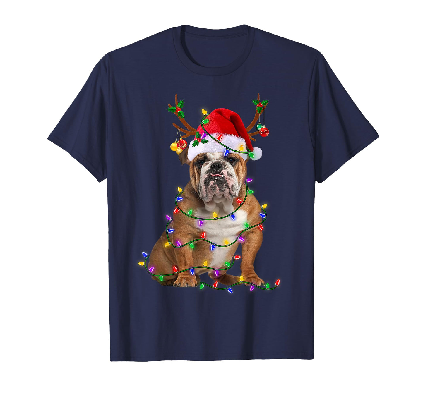 Funny English Bulldog Dog Tree Christmas Lights Xmas Pajama T-Shirt for Men Women Kids