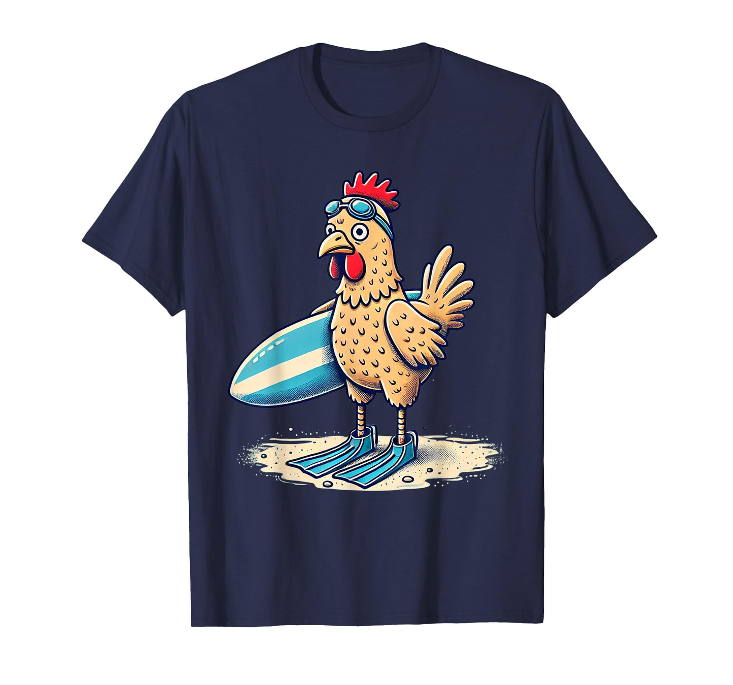 Funny Surfing Chicken with Flippers Beach Design T-Shirt