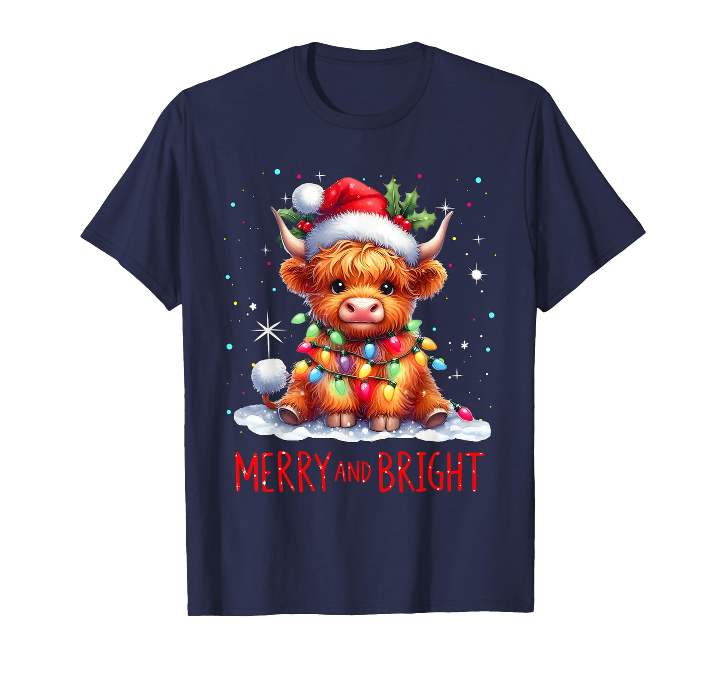 Cute Highland Baby Cow Christmas Lights Merry & Bright Xmas T-Shirt